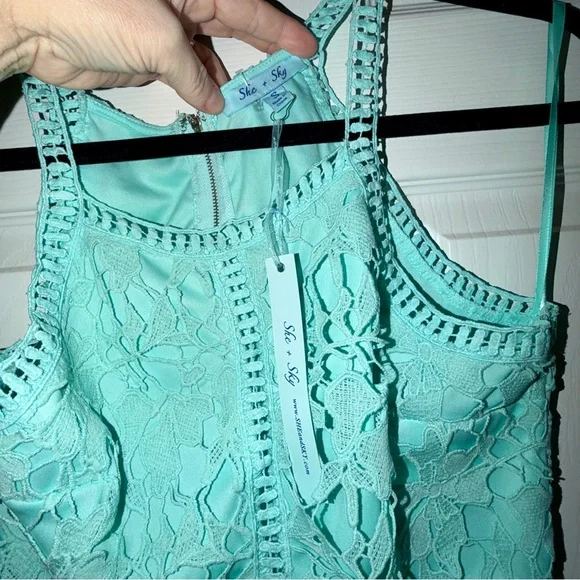 She + Sky Mint Green Lace Dress | Floral Crochet Overlay | NWT | Size S - Picture 3 of 8